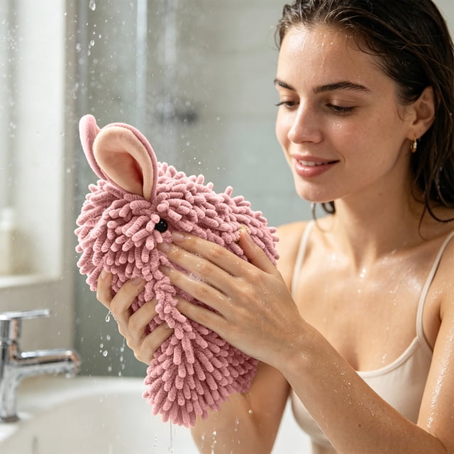 Bunny -Shaped Chenilles Hand Towel Cute Cartoons Bunny Fuzzy Fuzzy Ball Hand Towel Absorbent Decorative Fuzzy Ball Hanging Towel For Bathroom And Kitchen
