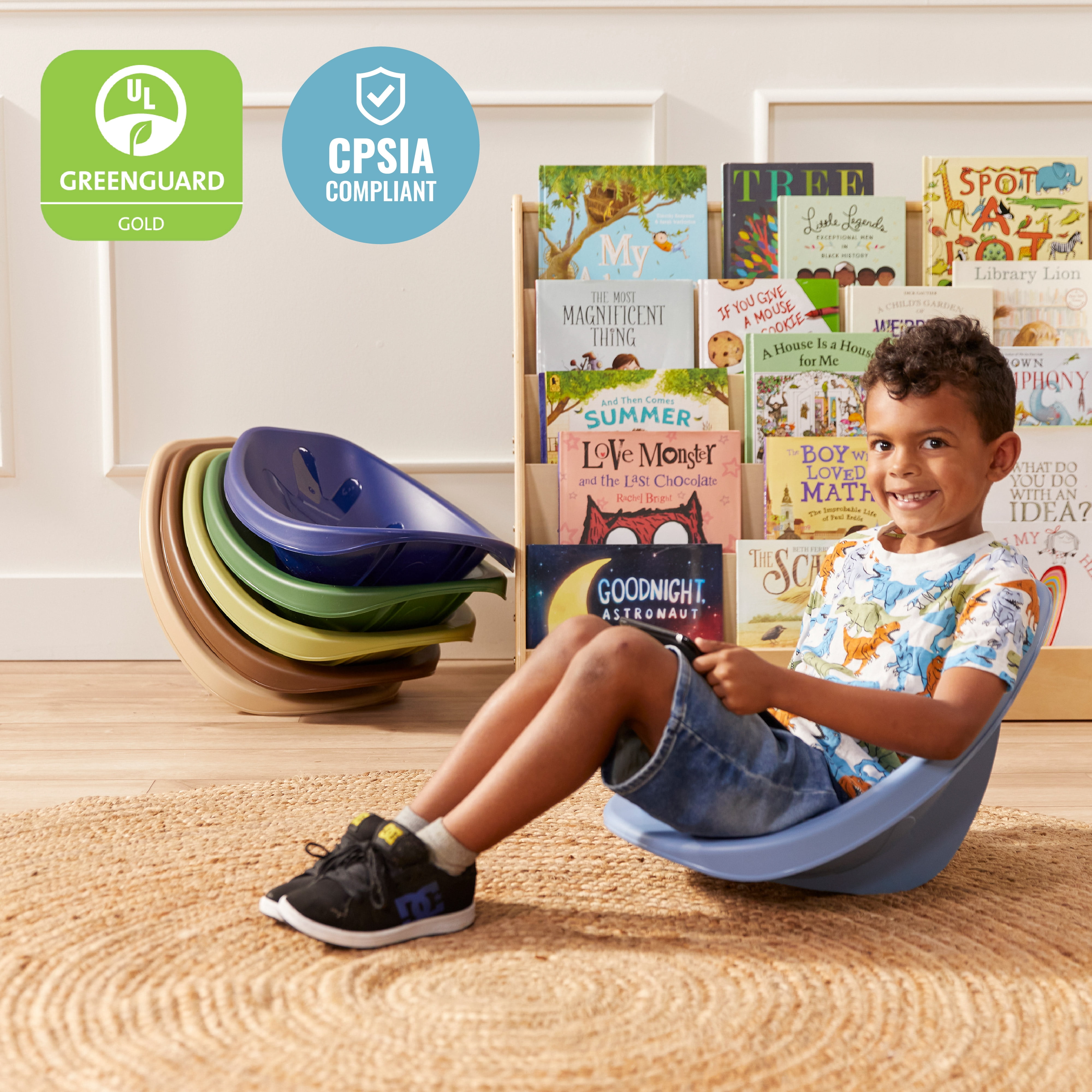 ECR4Kids Plastic Leaf Scoop Floor Rocker Seat, Classroom Furniture, Earthtone, 6-Piece