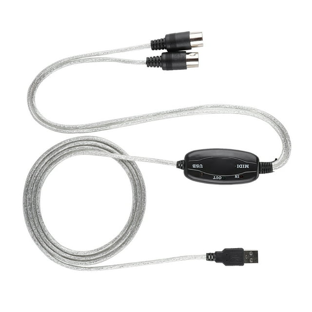 MIDI to USB Cable, Keyboard Music Editing Line, designed for connecting music keyboards to computers for music production. Features a USB MIDI interface adapter cord with dual MIDI connectors labeled 'In' and 'Out,' and a USB connector. The cable is approximately 190cm long, with a transparent braided design and a black interface module. Ideal for turning a PC into a music studio and recording songs.