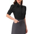 thumbnail image 4 of INSPIRE CHIC Women's Bow Tie Solid Color Puff Short Sleeve Button Down Bodysuit Blouse M Black, 4 of 6