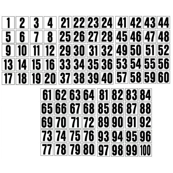 1 INCH CONSECUTIVE NUMBER DECALS/STICKERS 1-100 BLACK ON WHITE