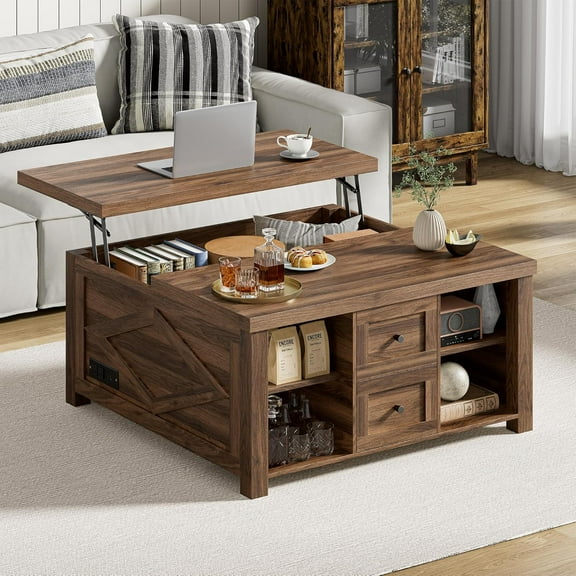 Lift Top Coffee Table with Storage, Square Coffee Tables for Living Room with Charging Station and Drawers, Farmhouse Coffee Table with Large Storage Space, Brown