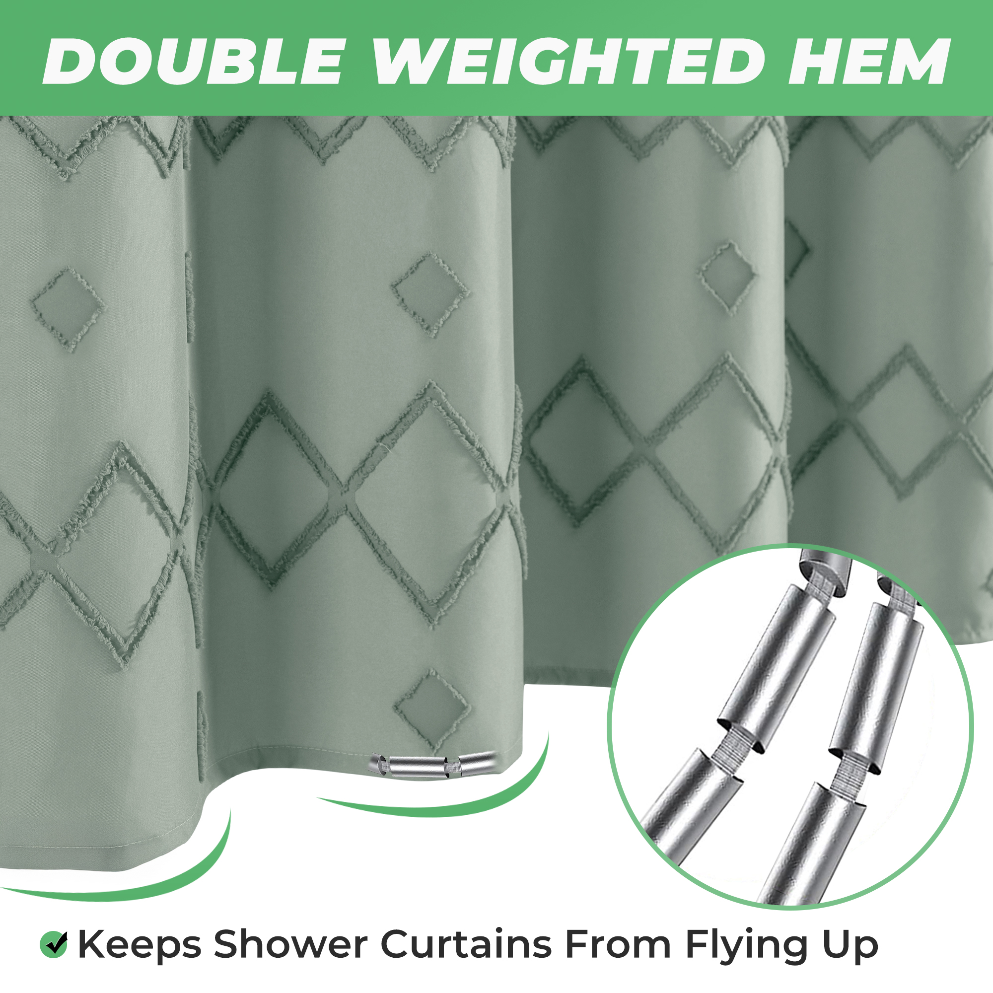 Seasonwood Boho Green Striped Fabric Shower Curtain with Hooks photo 5