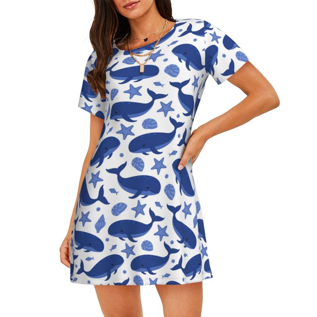 Disketp Whale para Camisón Corto de Manga Corta para Mujeres, Camisón Cómodo con Escote Redondo, Bonito y Confortable