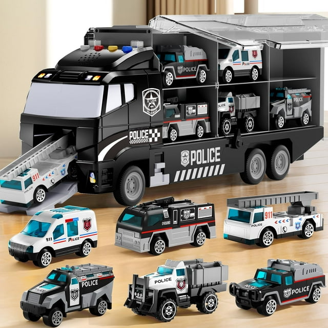 NIPLOOOW Juguetes para Niños Pequeños de 3 a 8 Años, Set de Camiones de Policía con Tapete de Juego y Auto de Metal Fundido, Camión Transportador para Niños, Regalos de Cumpleaños