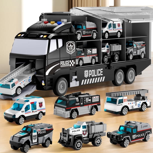 NIPLOOOW Juguetes para Niños Pequeños de 3 a 8 Años, Set de Camiones de Policía con Tapete de Juego y Auto de Metal Fundido, Camión Transportador para Niños, Regalos de Cumpleaños