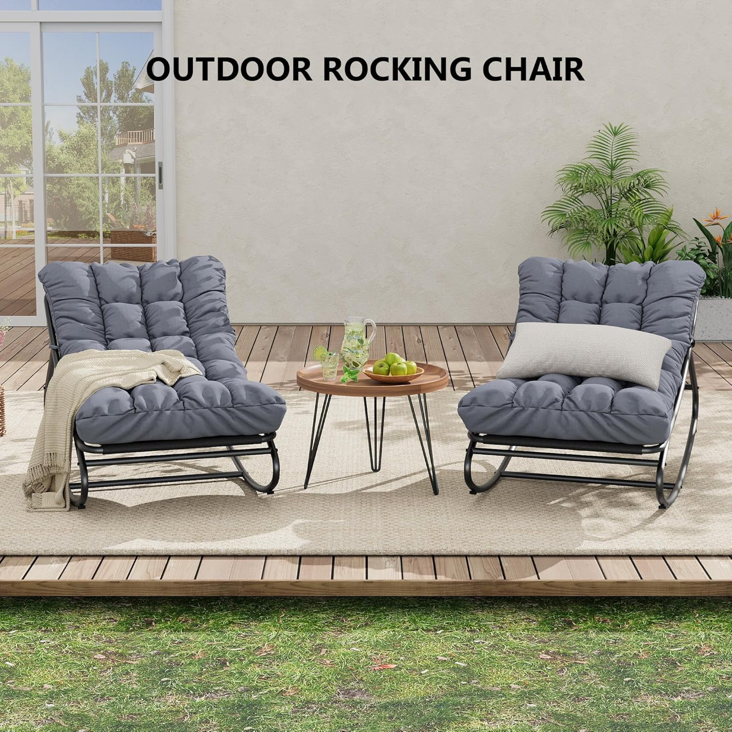 EastVita 2 Pcs Outdoor Rocking Papasan Chairs Comfortable Lounging Chair with Removable Cushions Sturdy Metal Frame Padded Seat for Patio Garden Nursery Living Room