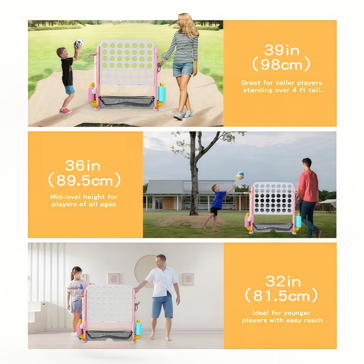 UNICOO Giant 4 in A Row Game with Carry Bag, Basketball Hoop, Ring Toss Game, 4-to-Score Game | Large Outdoor Yard Game, Parties & Gatherings Games (Pink & White)