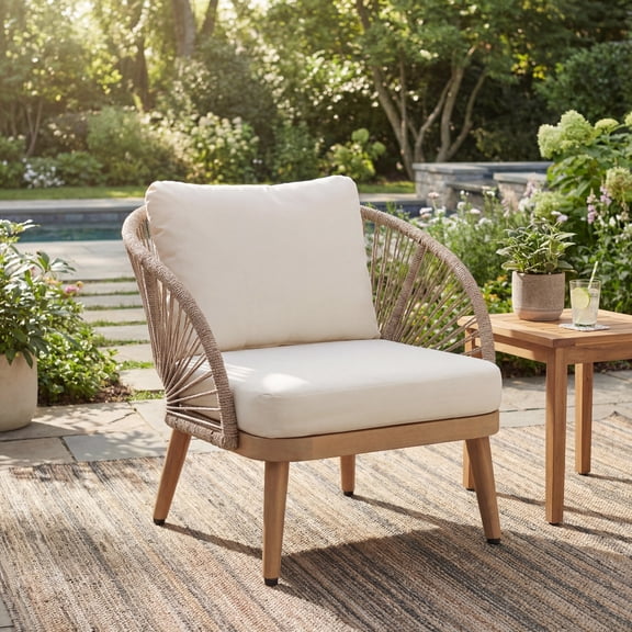Christopher Knight Home Bohemian Acacia Wood Outdoor Club Chair, Handwoven Rope Back, Light Teak