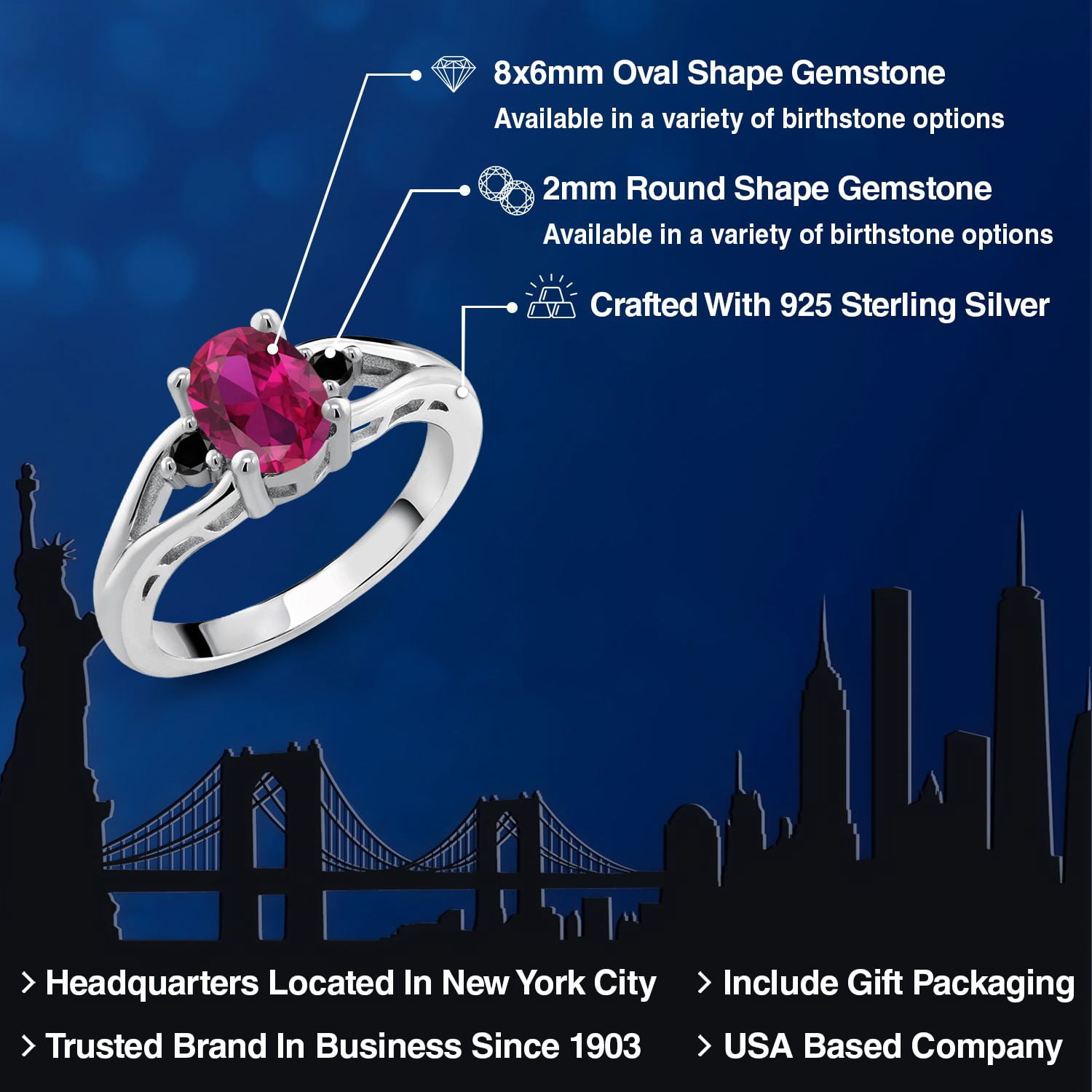 Gem Stone King 925 Sterling Silver Red Created Ruby and Black Diamond 3 Stone Engagement Ring for Women | 1.22 Cttw | Oval 8X6MM | Round 2MM | Gemstone July Birthstone | Size 5