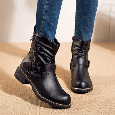 

Women Boots Winter Buckle Strap Chunky Heels Slip On Retro Ladies Footwear Shoes