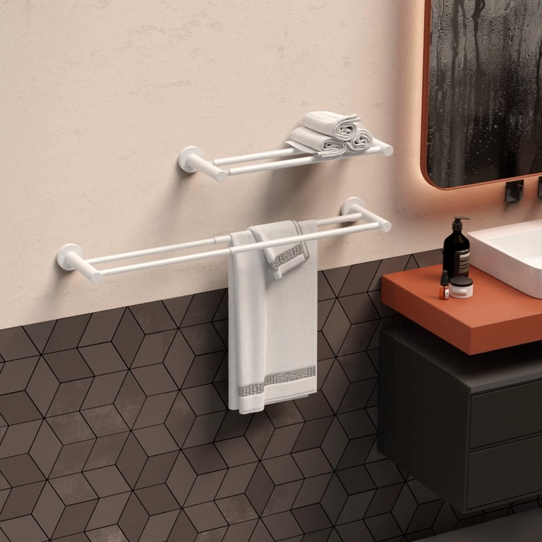 Suction Cup Double Towel Bar – 16 Inches, 2 Rows + Hooks, Holds 22 Lbs, Waterproof Rustproof, No-Drill Installation For Smooth Surfaces