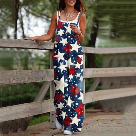 Roncen Women s Independence Day Print Jumpsuit - Sleeveless Straps High Waist Wide Leg Romper with Pockets