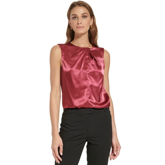 Calvin Klein Womens Sleeveless Pleat Neck Top Cranberry M
