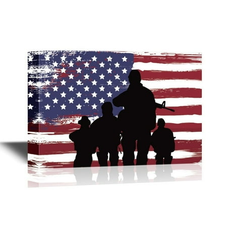 - wall26 Military Family Canvas Wall Art - Silhouette of Troops on American Flag Background - Gallery Wrap Modern Home Decor | Ready to Hang - 32x48 inches