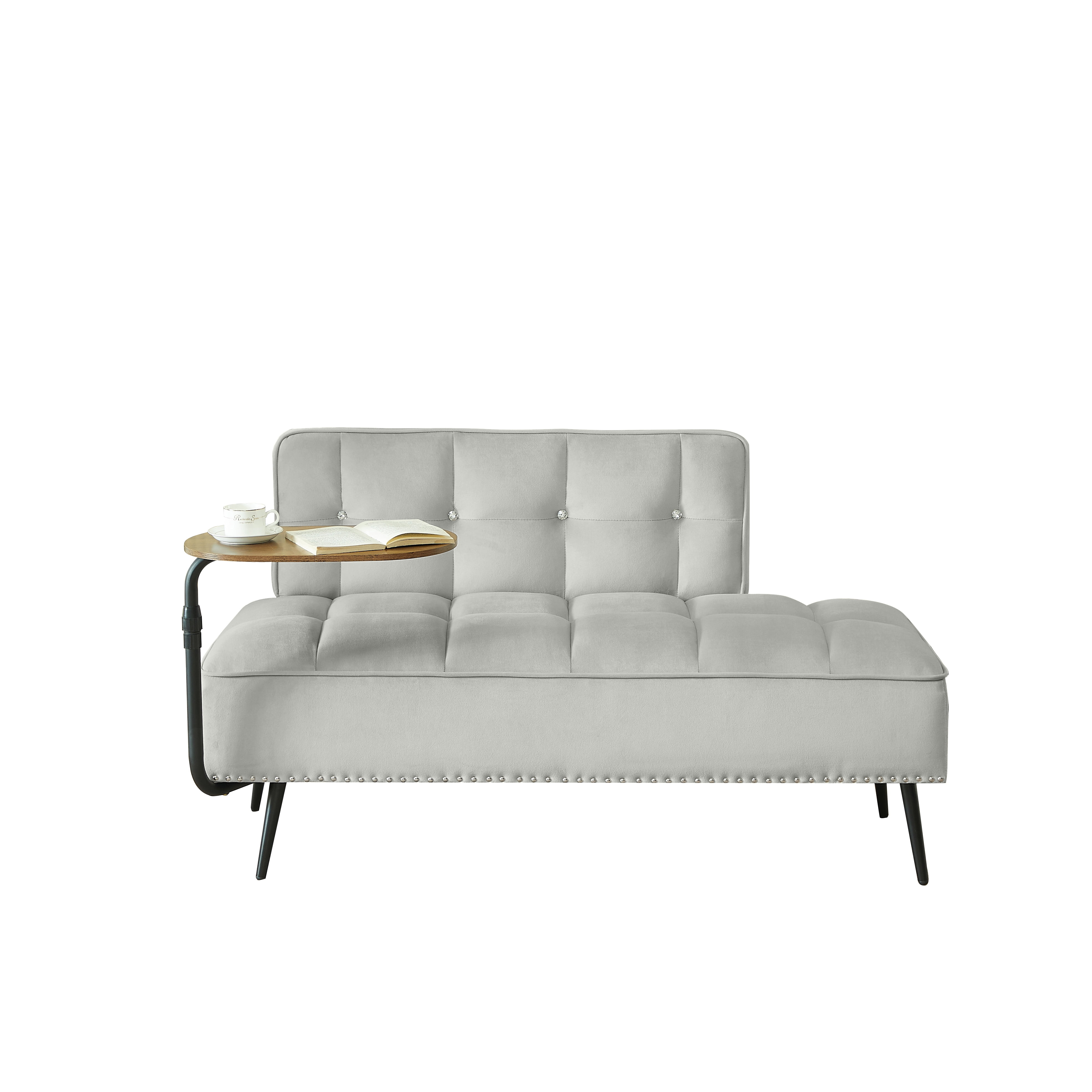 Modern Two-Seater Velvet Sofa with 360° Rotating Side Table, Entryway Ottoman Bench with Backrest for Living Room, Bedroom, Apartment, Space Saver, Gray