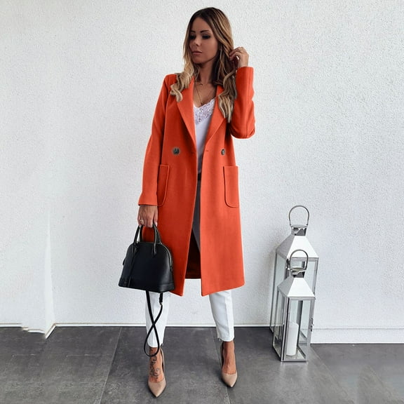 LoyisViDion Coat Women'S Pocket Solid Button Lapel Cardigan Long Sleeve Coat Orange S