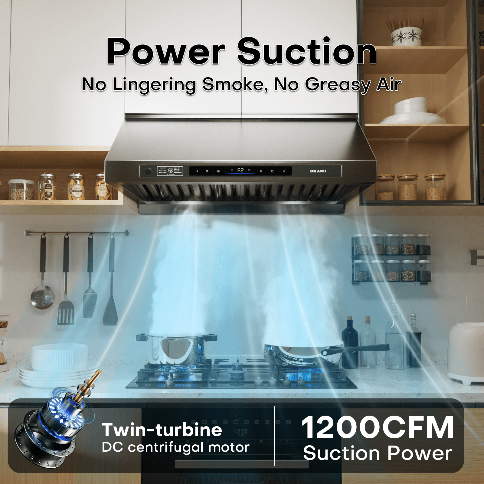 BRANO 30inch Under Cabinet Range Hood 1200 CFM Stainless Steel Ducted Vent Hood with Voice Control, PVD Titanium Plated Finish, 6 Speed, DC Motor