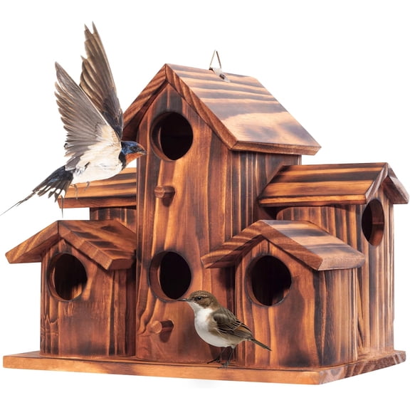VASGOR Wooden Bird Houses for Outside – 6 Rooms Multi-Chamber Bird House, Carbonized Pine Rustic Finish, 1.57" Entrance Holes, Cleaning Doors for Each Room, Decorative Outdoor Bird Nesting Box