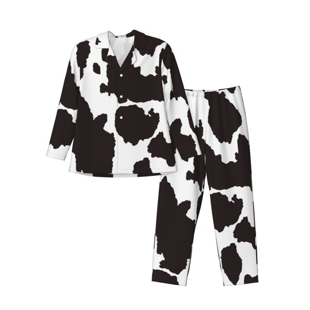 Fotbe Cow Skin 2 Pijama de Hombre con Estampado de Manga Larga, Conjunto de 2 Piezas, Ropa de Dormir Suave y Cómoda con Bolsillos-X-Large