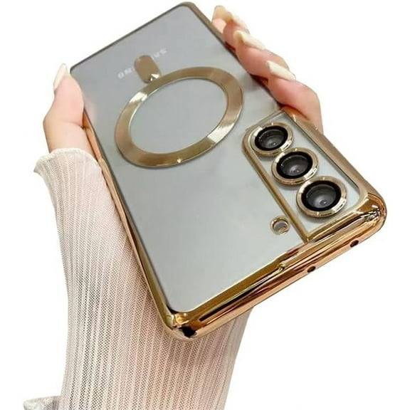 Galaxy S22  Plus Case Magnetic [Support Magsafe Charger] Wireless Anti-Scratch Shockproof Plated Bumper Clear Full Camera Protection Slim Phone Cover Case for Samsung Galaxy S22  Plus-Gold