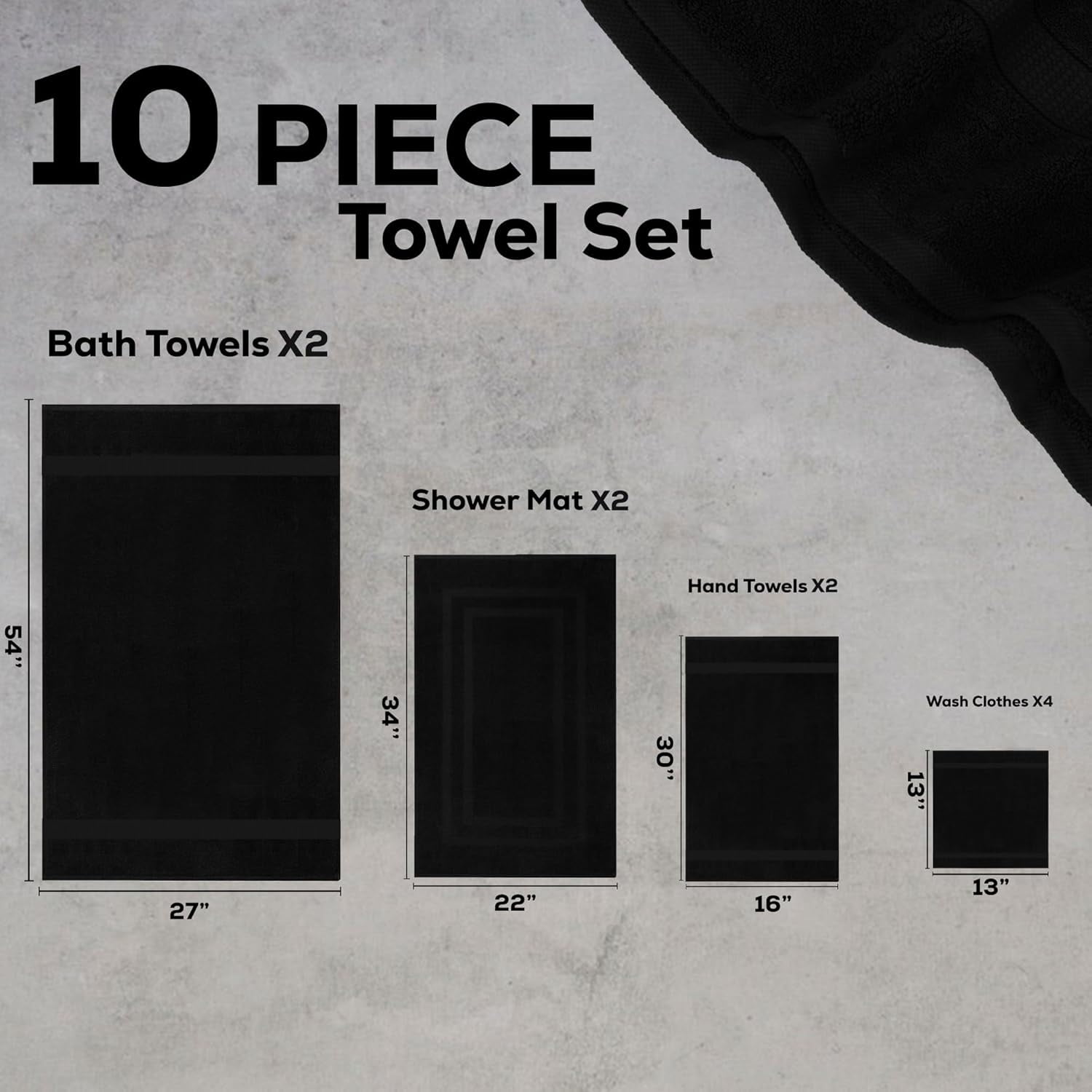 Gold Textiles Luxury 10 Piece Towel Set (Bath Mat 27x54, Hand Towel 16x30, Washcloth 13x13, Bath Mat 22x34) Ultra Plush Absorbent Cotton Towels For Bathroom (Black, 10 Piece Towel Set)