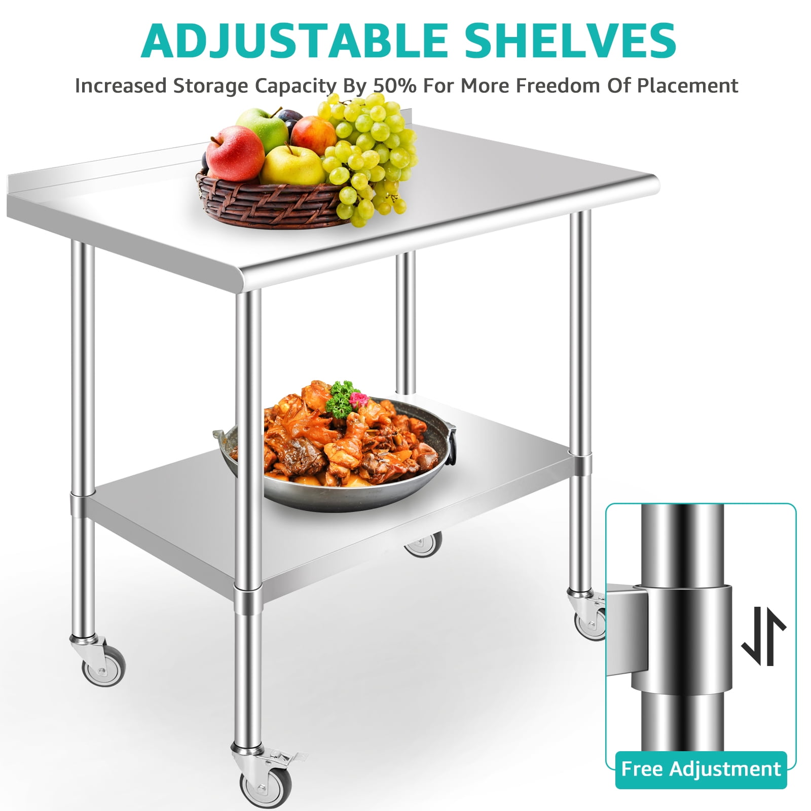 PRIJESSE 36 x 30 Inch With baffle Stainless Steel Table w/ Undershelf, Casters, Commercial Kitchen Work & Prep Table