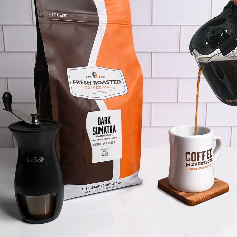 Fresh Roasted Coffee, Dark Sumatra Coffee, Dark Roast, Whole Bean, 80 oz 5 lbs