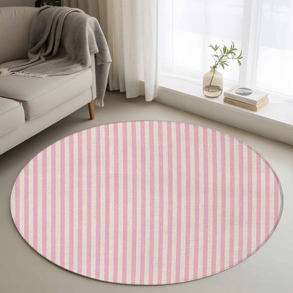 Pink Striped Round Area Rug 3 FT, Small Kitchen Bathroom Mat, Modern Simple Farmhouse Beige Vintage Washable Indoor Outdoor Throw Runner Carpet Non-Shedding Doormat for Table Shower Sofa Entryway
