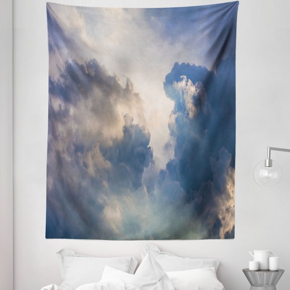 Nature Tapestry, Majestic Rain Storm Clouds over the Sky High Above the Ground Environment Scenery, Fabric Wall Hanging Decor for Bedroom Living Room Dorm, 5 Sizes, Blue White, by Ambesonne