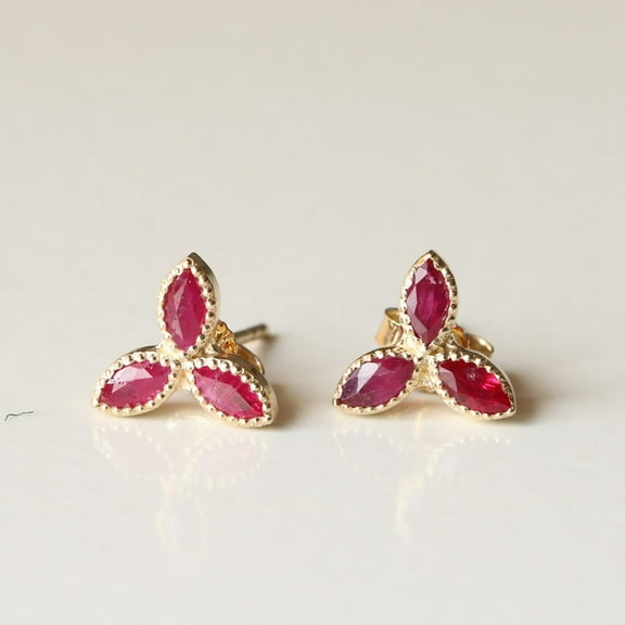 Three Marquise Cut Ruby Flower Studs Earrings, Prong Set Earring, 925 Starling Silver Earrings, Push Back Earring Gift for Wife, Birthday Gift Studs Earrings.