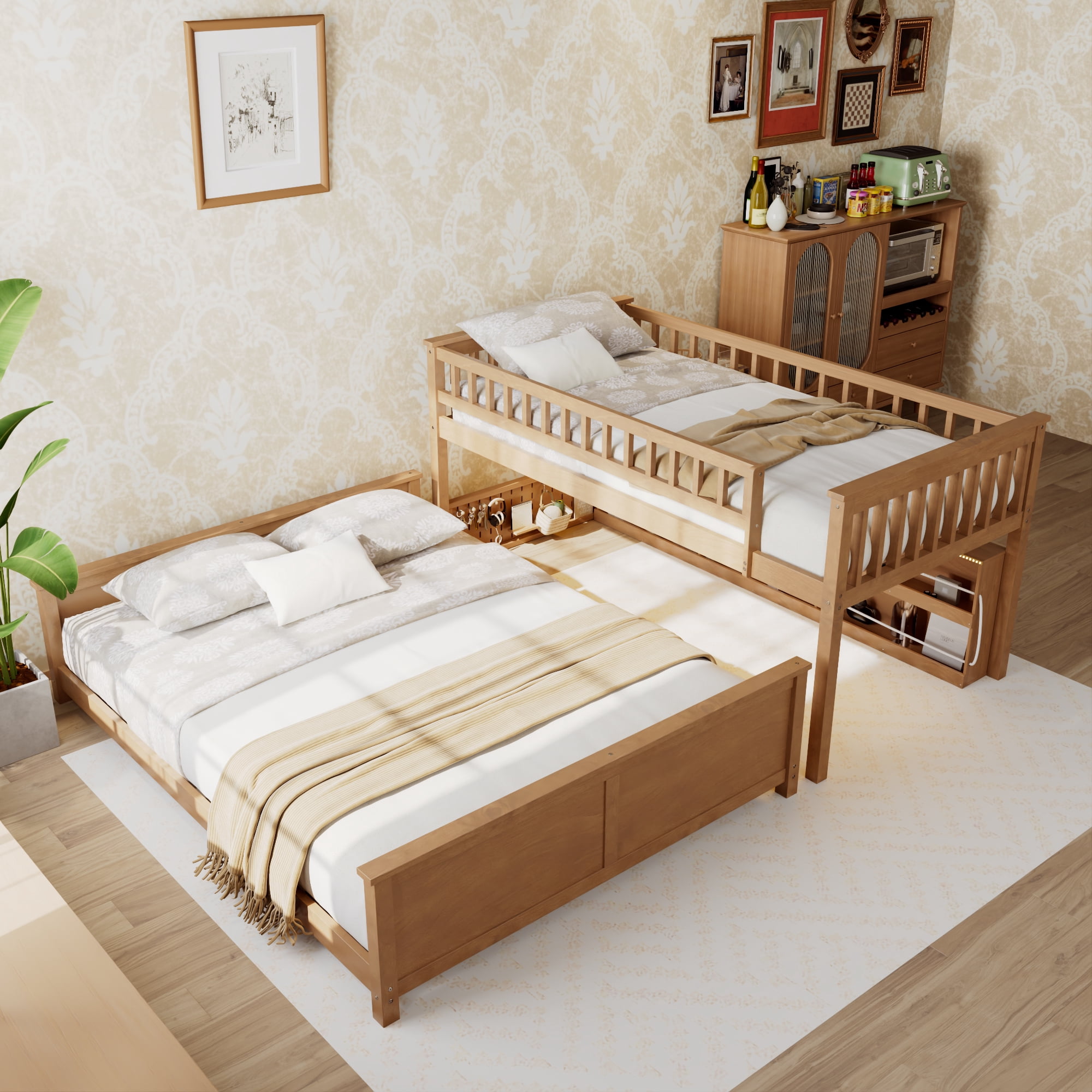 Leumius Twin XL over Queen Bunk Bed with Integrated Shelving, Color-Changing Lights and Pegboard for Boys Girls Brown