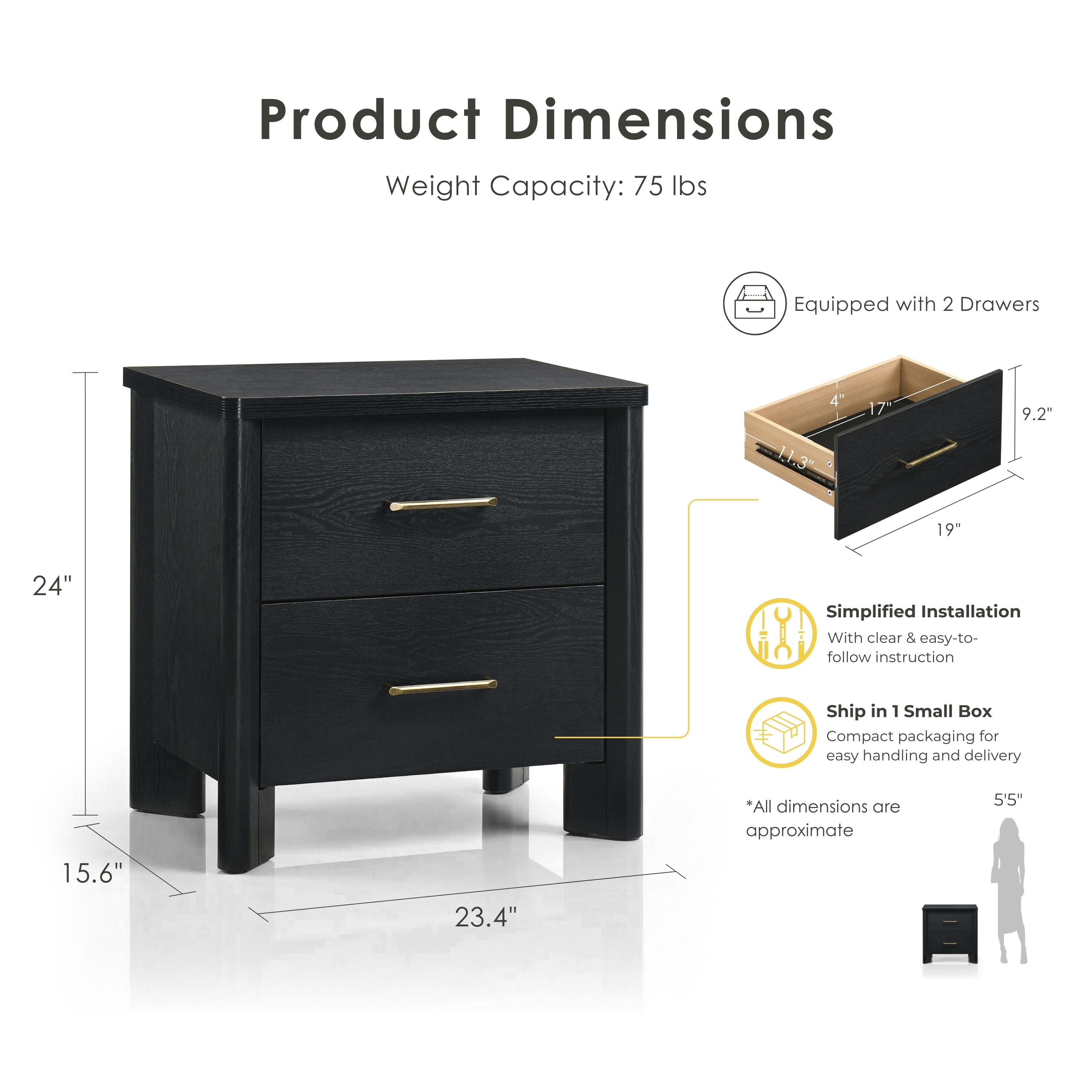 Furniture of America Gracie Modern Wood 2-Drawer Nightstand with USB Ports, Black