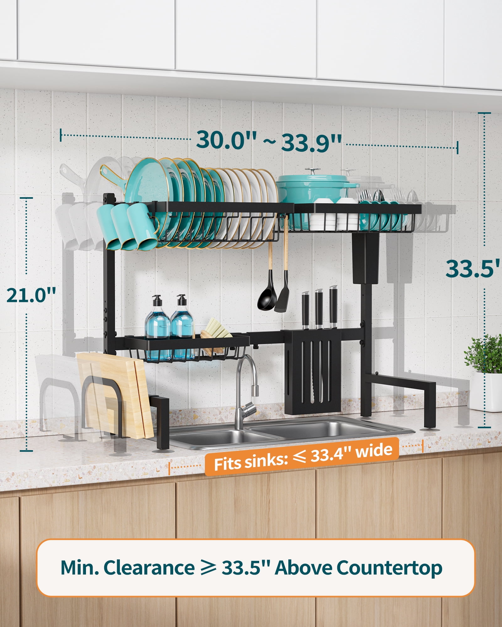 Sakugi Over The Sink Dish Drying Rack, 30" -33.9" L x 11" W x 21" H Expandable Dish Drainer, Stainless Steel Dish Rack, Black
