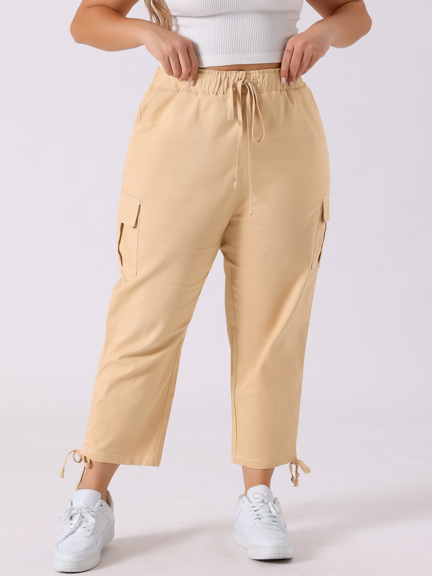 Plus Size Cargo Pants for Women High Waist Drawstring Elastic Waist 4X Beige