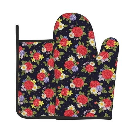 

KLL Red Rose Flower Pattern Oven Mitts and Pot Holders 2pcs Sets for Kitchen Oven Mitt Heat Resistant 536°F Oven Gloves for Kitchen Cooking and Baking