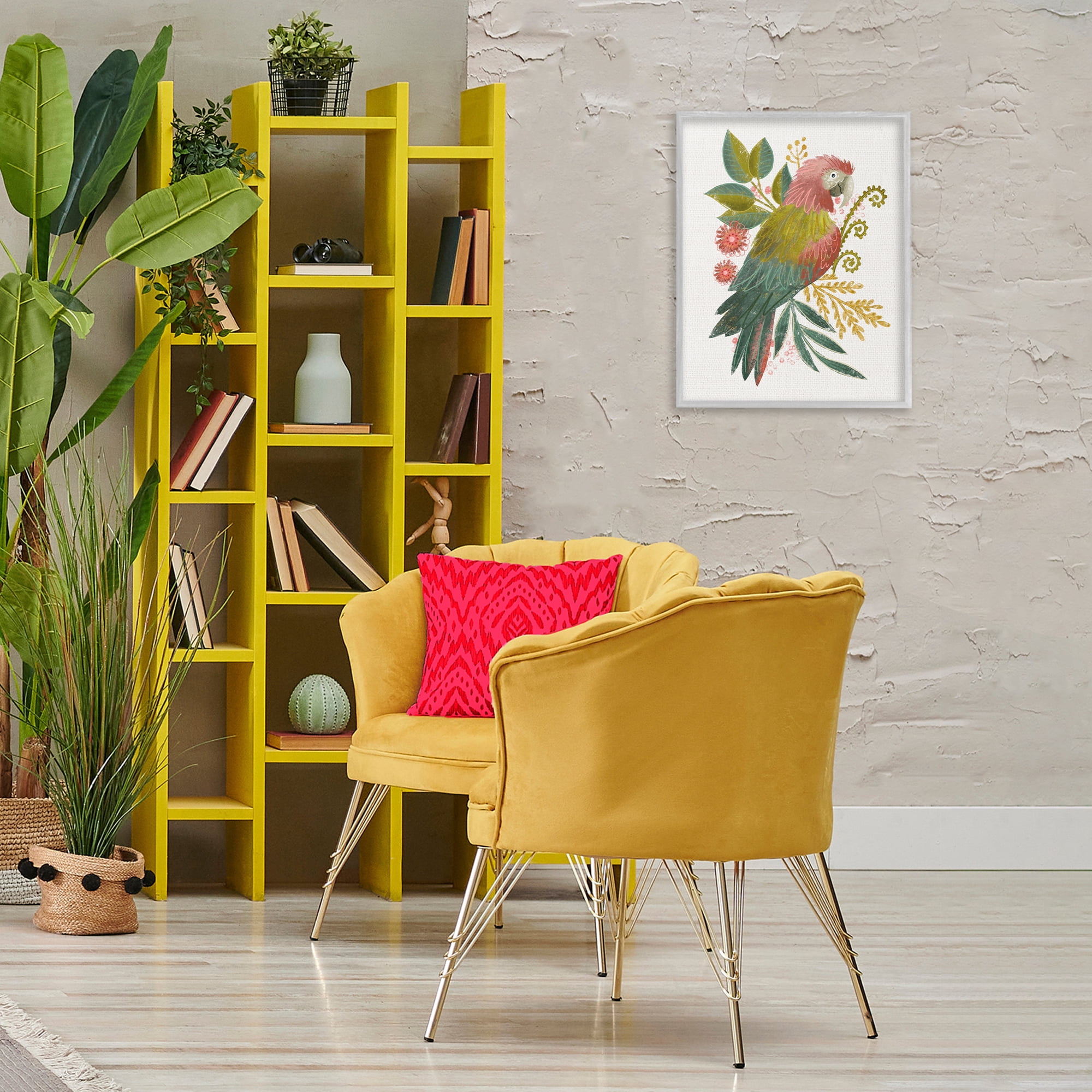 Stupell Industries Parrot with Eclectic Leaves Animals & Insects Painting Gray Framed Art Print Wall Art, 16 x 20