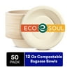 ECO SOUL 100% Compostable 12 oz Bagasse Bowls, 50 counts | Heavy-Duty Disposable Bowls | Eco-Friendly Made of Sugarcane Fibers-Natural Unbleached Biodegradable Bowls