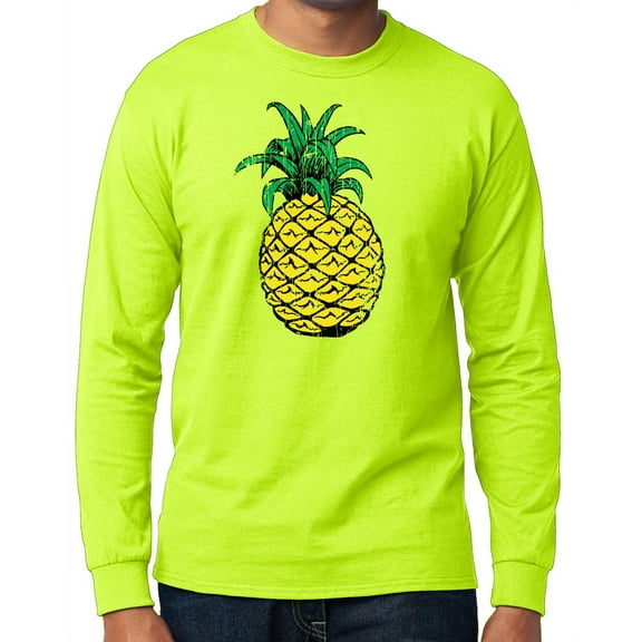 Men's Distressed Pineapple High Visibility Long Sleeve T-shirt - Safety Green, 4XL