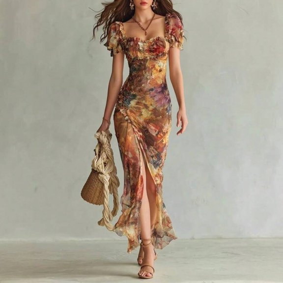 Womens Multicolor Floral Print Chiffon Maxi Dress, Square Neck Puff Sleeve Bodycon Dress With Side Slit