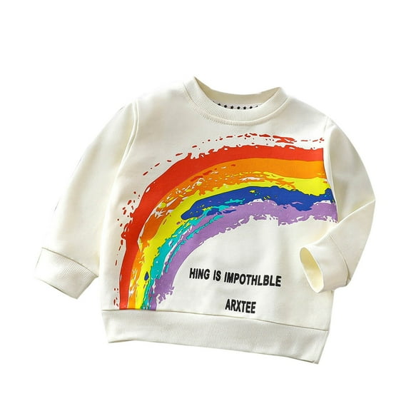 Odeerbi Kids Boys Girls Crewneck Sweatshirts Rainbow Pattern Pullover Sweatshirts Children Round Neck Long Sleeve T-shirt Style Pullover Sweatshirt Top White