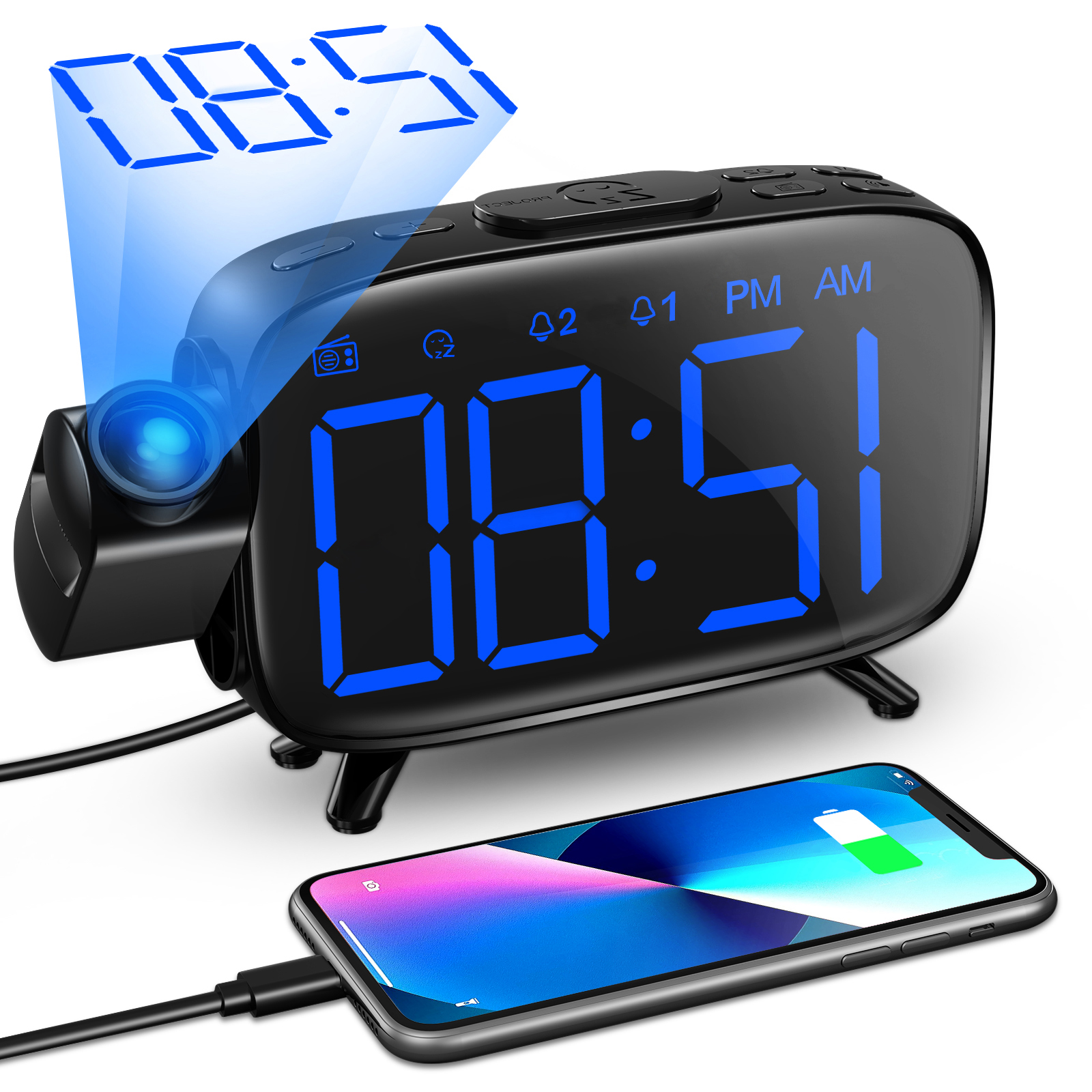 MOICO LED Display Alarm Clock Radio, Digital Clock Radio with Projection Dual Clock and Snooze, Digital Alarm Clocks for Bedrooms
