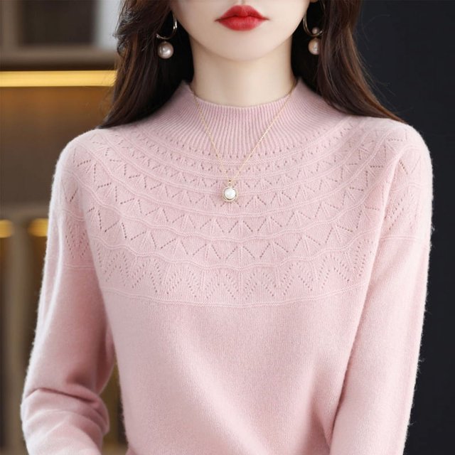 Suéter de punto de base corta con cuello alto y hueco para mujer, de pura lana sin costuras, confeccionado para otoño e invierno