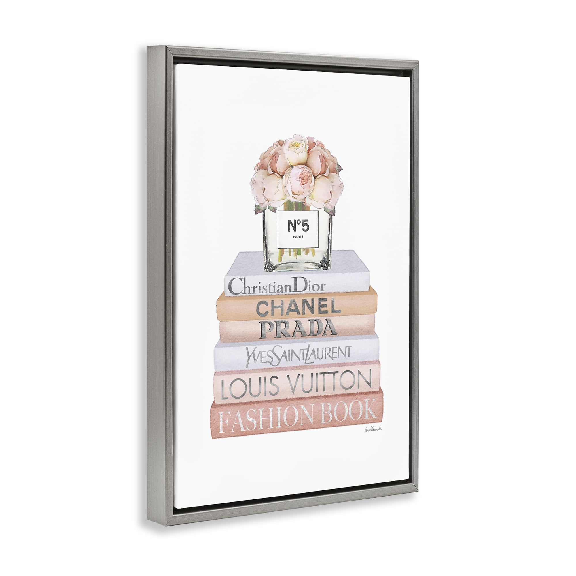 Stupell Industries Glam Bookstack & Flowers Botanical & Floral Painting Gray Floater Framed Art Print Wall Art, 21 x 31