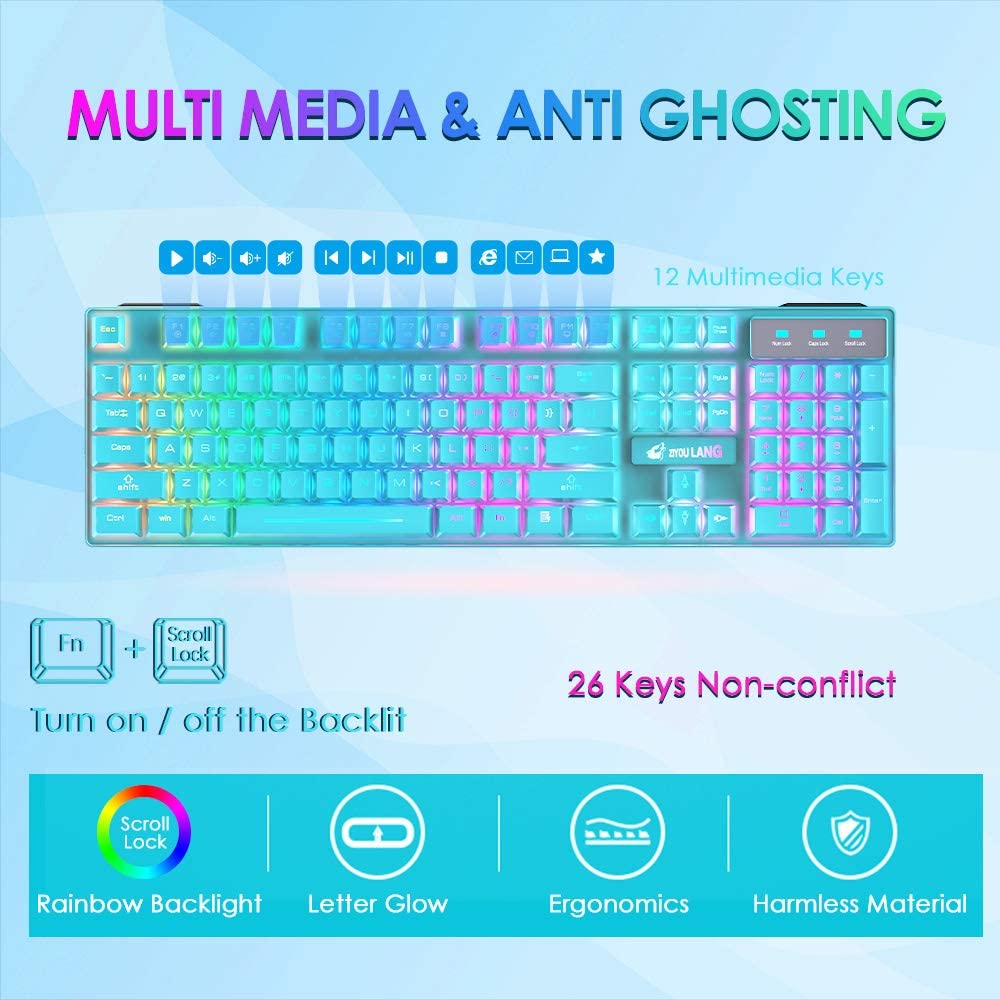 T3 Wireless Keyboard Mouse Combo,Rainbow Backlit 2.4G Rechargeable 2400DPI 6-Button Optical Mice+Pad