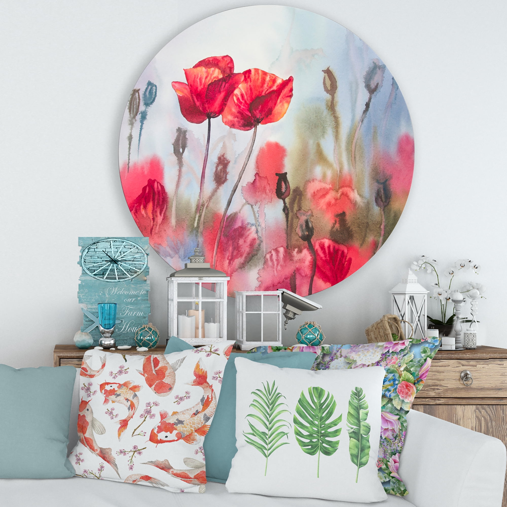 Designart 'Blossoming Red Poppies In The Meadow' Traditional Circle Metal Wall Art 36x36 - Disc of 36