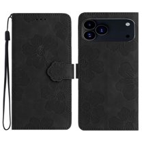 Leather For Apple iPhone 17 Pro Case Flower Embossed 3-card  Flip Wallet Leather Case with Card Holder Magnetic Closure ,Detachable Wrist Strap,Shockproof Phone Cases Cover,Black,For iPhone 17 Pro