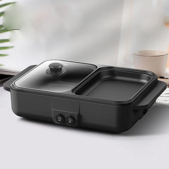 2-in-1 Electric Grill with Hot Pot 1200W 110V, Portable Electric Hot Pot Barbecue Grill Non-Stick Teppanyaki Pan Indoor Multifunctional Hot Pot Split-Design Baking Tray (Black)