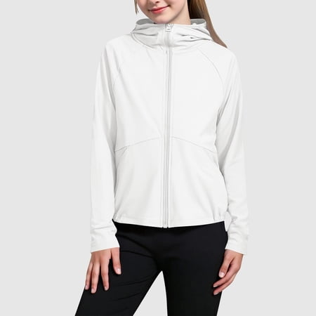 Avrnliq Lightweight Girls White Zip Hooded Jacket Full Zip Raglan Sleeves Active Outerwear for Kids 4-15 Years Size 8-9 T
