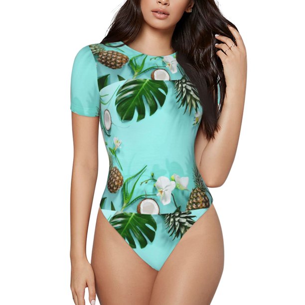 Fotbe Tropical Pineapple Body de Mujer con Cuello Redondo y Mangas Cortas, Sin Mangas Ajustado, Suave, Cómodo y Básico-XX-Large